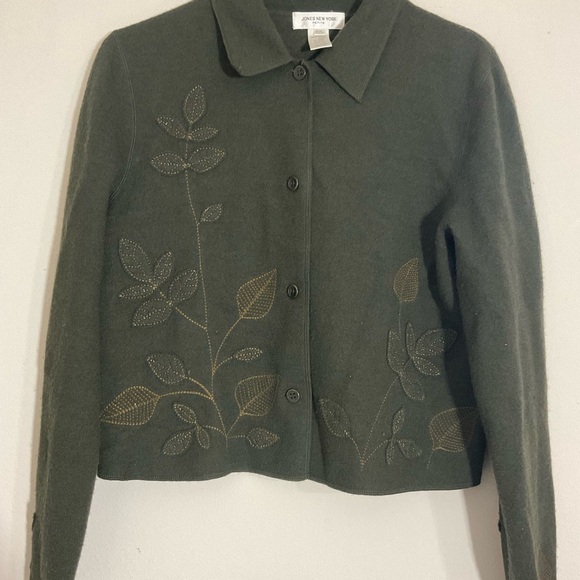 Vintage JONES NEW YORK Merino Wool Cardigan Sweater Size P/L Green Applique - Picture 3 of 11